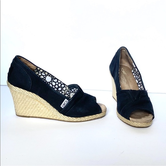 🖤TOMS Canvas Peep Toe Wedges - Picture 3 of 14